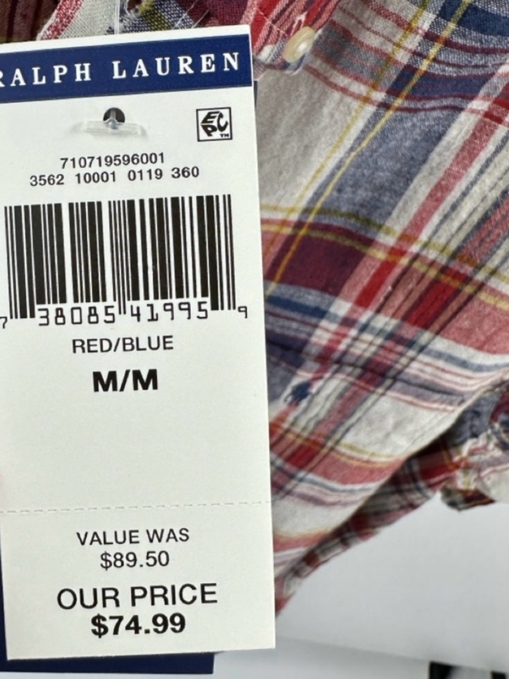 NWT Ralph Lauren Madras Red & Blue Plaid Short-Sleeve Shirt - Picture 7 of 7
